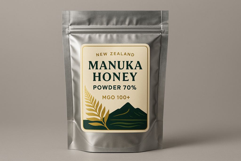 foil line food manufacturing standard bag, with label on it with nice design saying "New Zealand Manuka Honey Powder' 70%, MGO 100+