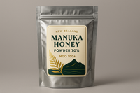 foil line food manufacturing standard bag, with label on it with nice design saying "New Zealand Manuka Honey Powder' 70%, MGO 100+