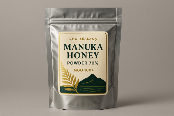 foil line food manufacturing standard bag, with label on it with nice design saying "New Zealand Manuka Honey Powder' 70%, MGO 100+